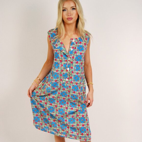 Vintage 60s Floral Squares Dress (L) midi button up large blue cottagecore boho - Picture 1 of 9